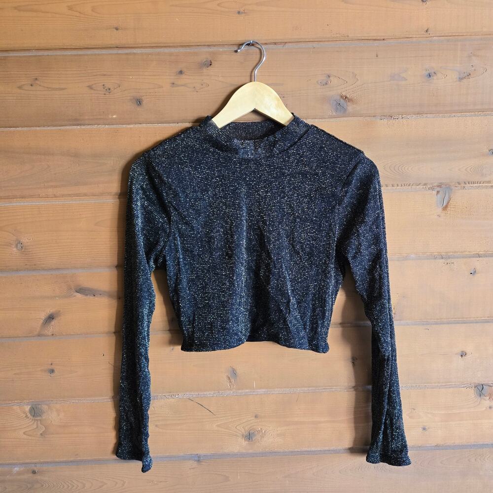 Lovers & Friends Top Riya Crop Black Gold Metallic Mesh Y2K 90's Long Sleeve L - Picture 2 of 5
